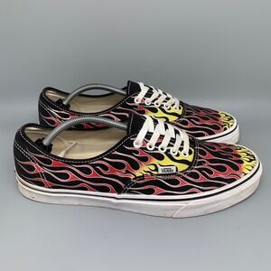 Vans Authentic Black Red Yellow Flame Print Skate Shoes Men US 13